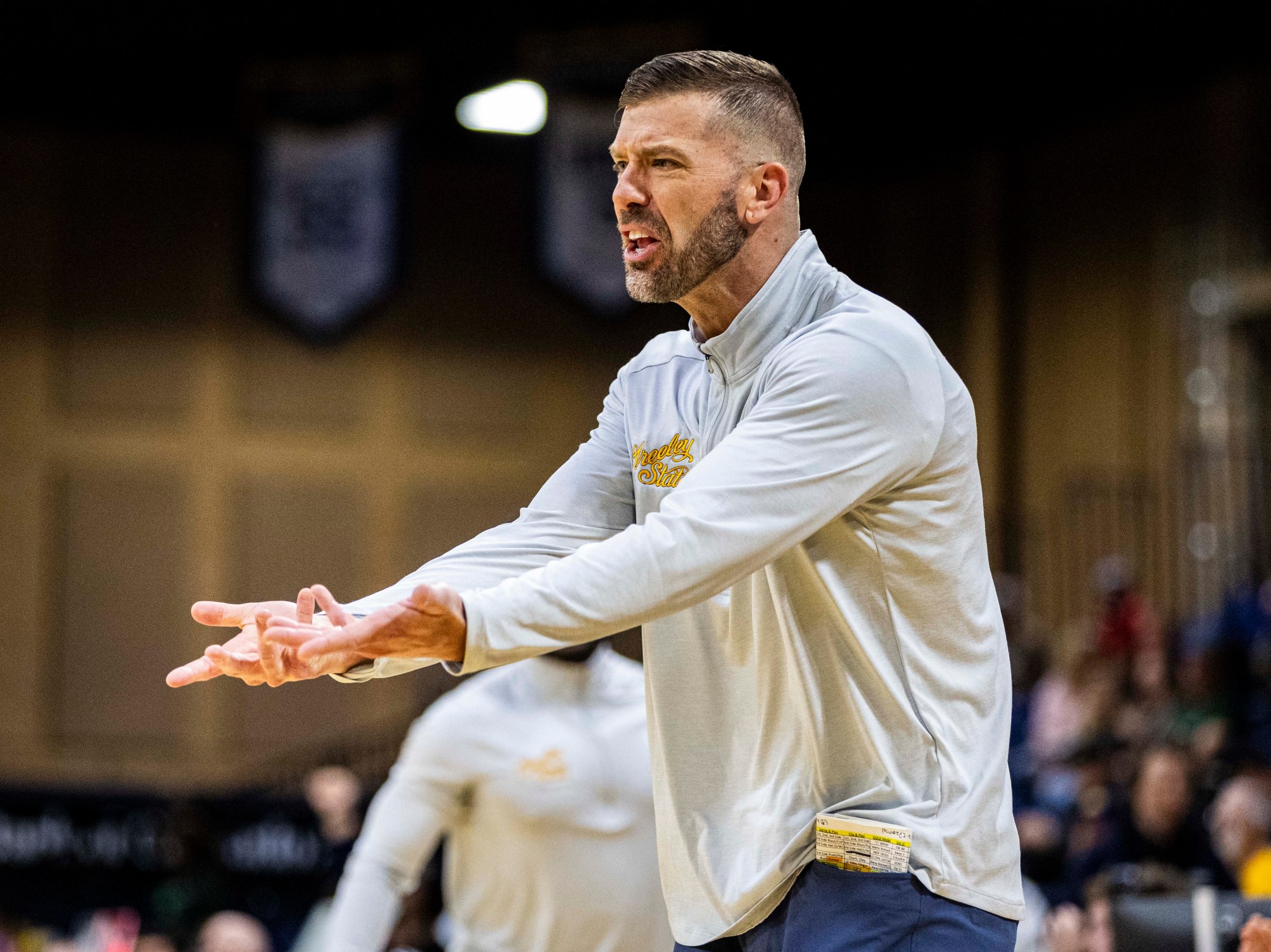 GRE-L-UNCMBBPortlandState-0218-01938 Northern Colorado Bears head coach Steve Smiley disagrees with a referees call during a Big Sky Conference basketball game between the Northern Colorado Bears and the Portland State Vikings at Bank of Colorado Arena in Greeley on Saturday, Feb. 14, 2026. (Brice Tucker/Staff Photographer)