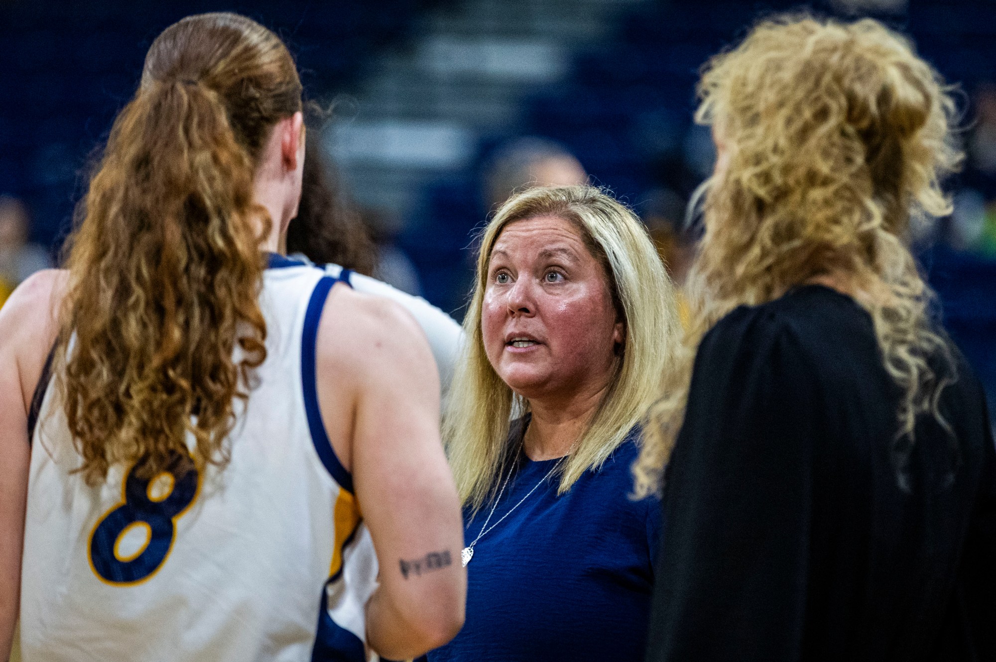 GRE-L-UNCWBBKansasCity-1205-23113 Northern Colorado Bears head coach Kristen Mattio talks with her players during a women's basketball game against the Kansas City Kangaroos at the Bank of Colorado Arena on the campus of Northern Colorado University in Greeley on Wednesday, Dec. 3, 2025. (Brice Tucker/Staff Photographer)