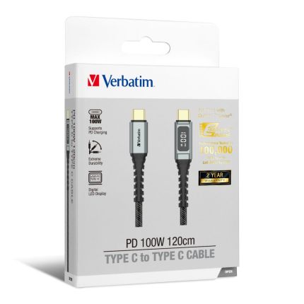 VERBATIM 120CM TYPE-C TO TYPE-C LED DISPLAY CABLE E-MARKER DUPONT KEVLAR WITH PD100W -BLACK #66951