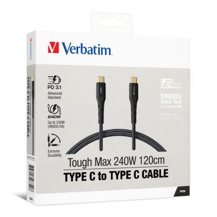 VERBATIM 120CM TYPE-C TO TYPE-C TOUGH MAX E-MARKER DUPOONT KEVLAR PD3.1 240W -BLACK #66820