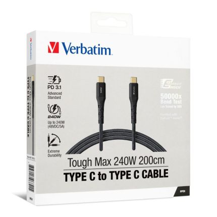 VERBATIM 200CM TYPE-C TO TYPE-C TOUGH MAX E-MARKER DUPONT KEVLAR PD3.1 240W -BLACK #66821
